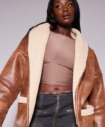 Women Brown Real Leather Belt Tie Aviator Jacket