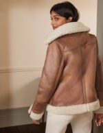 Women Brown Sheepskin Genuine Shearling Leather Aviator Jacket