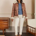 Women Brown Sheepskin Genuine Shearling Leather Aviator Jacket