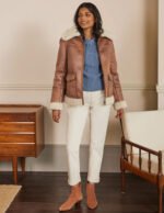 Women Brown Sheepskin Genuine Shearling Leather Aviator Jacket