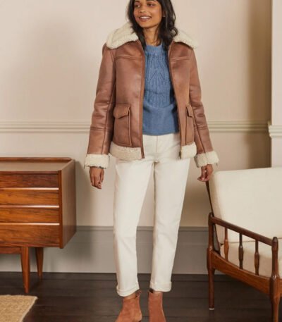 Women Brown Sheepskin Genuine Shearling Leather Aviator Jacket