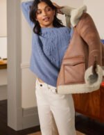 Women Brown Sheepskin Genuine Shearling Leather Aviator Jacket