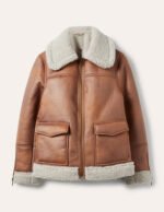 Women Brown Sheepskin Genuine Shearling Leather Aviator Jacket
