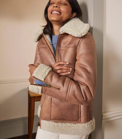 Women Brown Sheepskin Genuine Shearling Leather Aviator Jacket