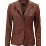 Women Brown Two Button Leather Blazer