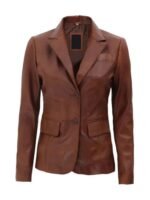 Women Brown Two Button Leather Blazer