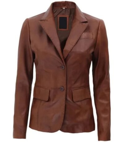 Women Brown Two Button Leather Blazer