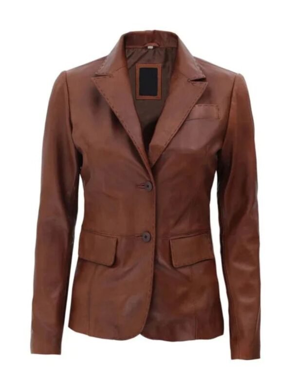 Women Brown Two Button Leather Blazer