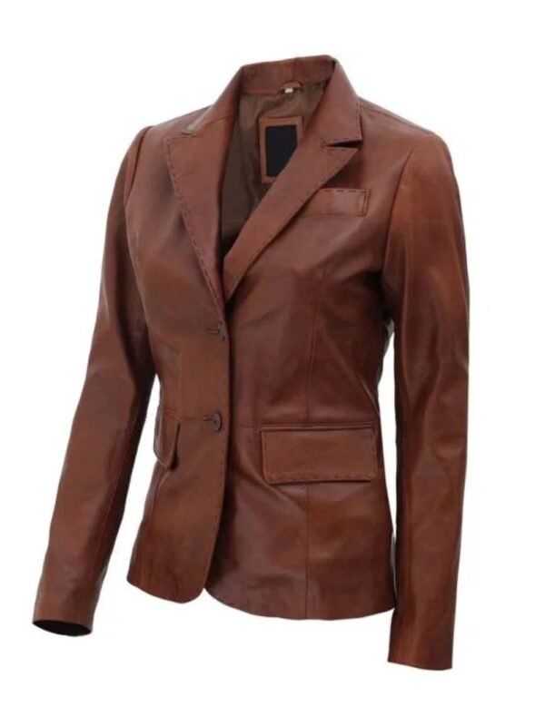 Women Brown Two Button Leather Blazer