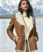 Women Camel Brown Genuine Shearling Leather Aviator Jacket