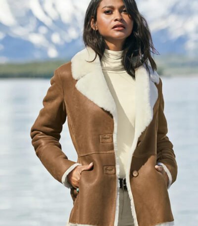 Women Camel Brown Genuine Shearling Leather Aviator Jacket