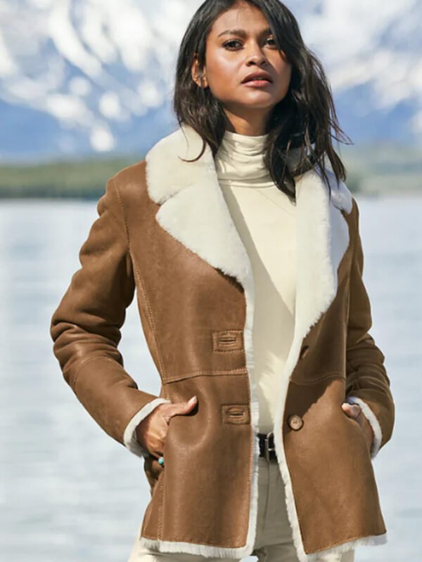 Women Camel Brown Genuine Shearling Leather Aviator Jacket