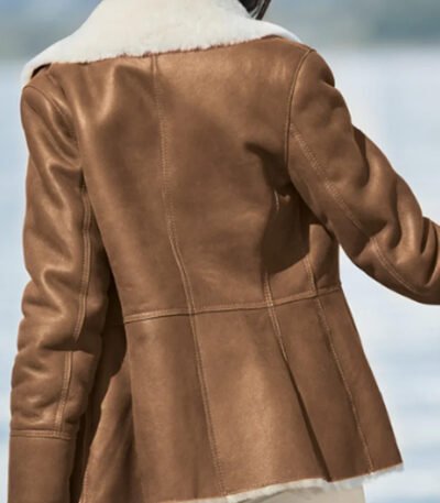Women Camel Brown Genuine Shearling Leather Aviator Jacket