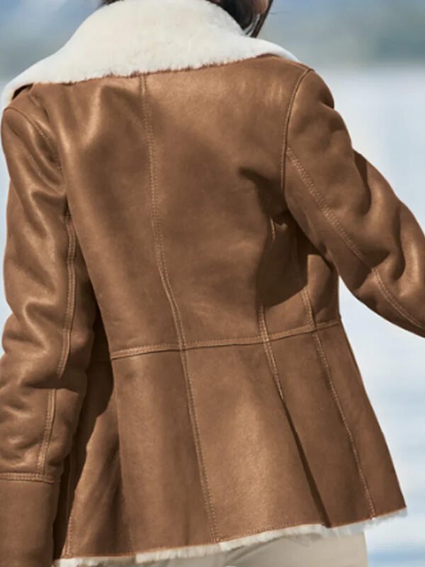 Women Camel Brown Genuine Shearling Leather Aviator Jacket