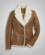 Women Camel Brown Genuine Shearling Leather Aviator Jacket