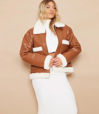 Women Camel Genuine Fur Trim Genuine Leather Aviator Jacket