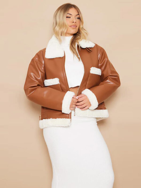 Women Camel Genuine Fur Trim Genuine Leather Aviator Jacket