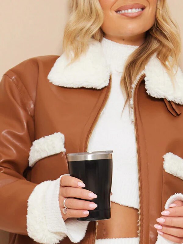 Women Camel Genuine Fur Trim Genuine Leather Aviator Jacket
