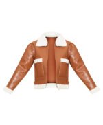 Women Camel Genuine Fur Trim Genuine Leather Aviator Jacket