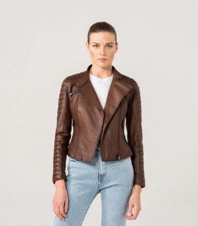 Women Elegant Brown Biker Style Leather Jacket