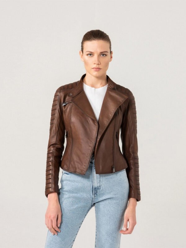Women Elegant Brown Biker Style Leather Jacket