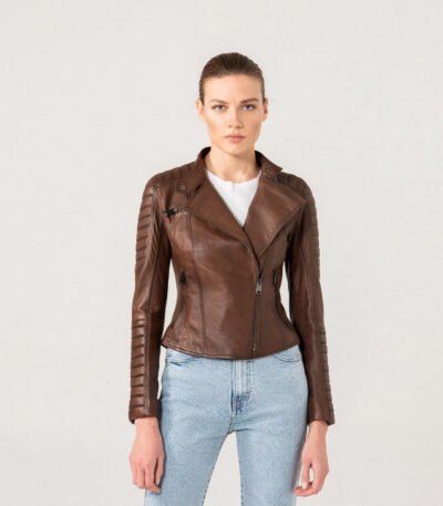 Women Elegant Brown Biker Style Leather Jacket