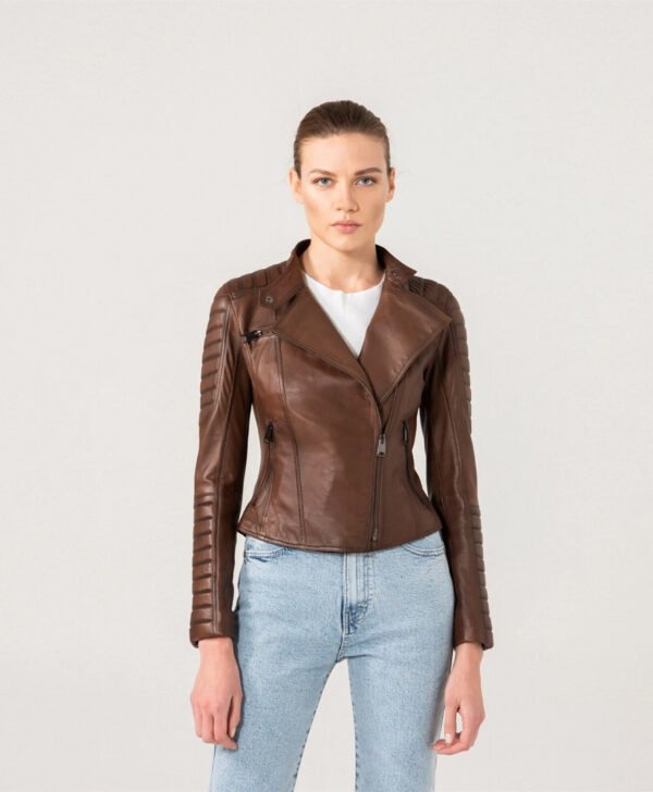 Women Elegant Brown Biker Style Leather Jacket