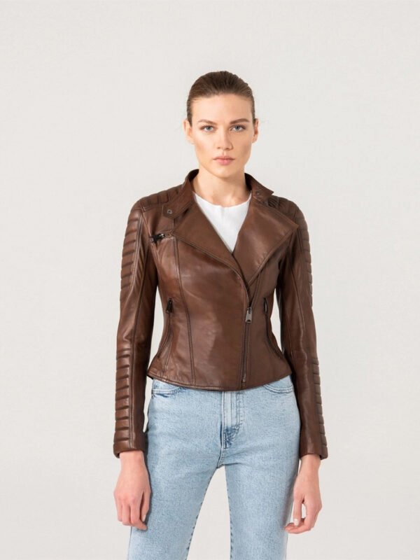 Women Elegant Brown Biker Style Leather Jacket