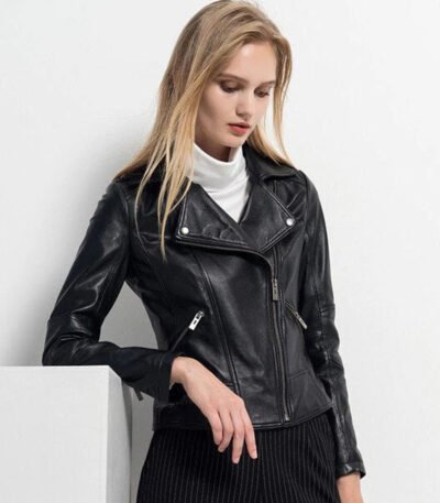 Women Fashion Black Sheepskin Leather Jacket