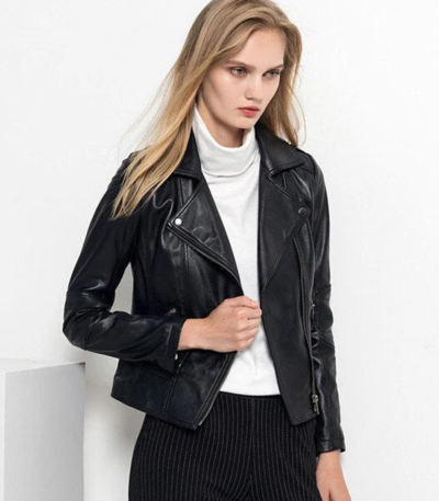 Women Fashion Black Sheepskin Leather Jacket