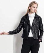 Women Fashion Black Sheepskin Leather Jacket