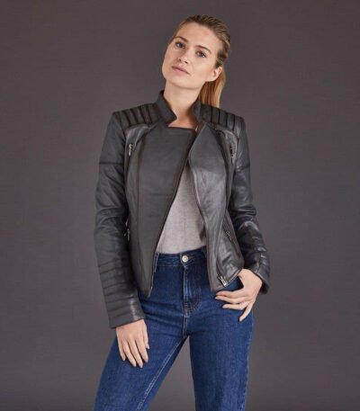 Women Gray Motorcycle Leather Jacket