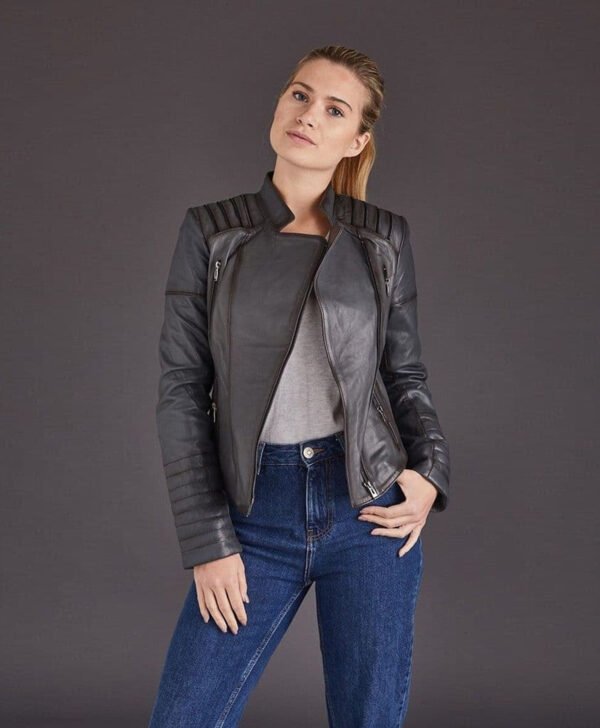 Women Gray Motorcycle Leather Jacket