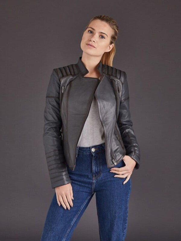 Women Gray Motorcycle Leather Jacket