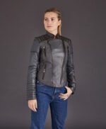 Women Gray Motorcycle Leather Jacket