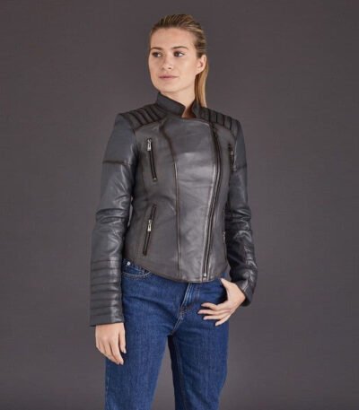 Women Gray Motorcycle Leather Jacket