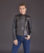 Women Gray Motorcycle Leather Jacket