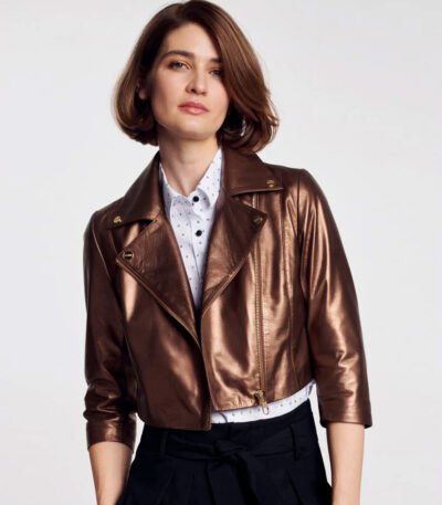 Women Metallic Style Cooper Leather Jacket