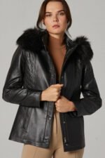 Women Premium Quality Sheepskin Leather Genuine Fur Hoodie