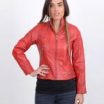 Women Red Bomber Sheepskin Leather Jacket