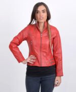 Women Red Bomber Sheepskin Leather Jacket