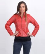 Women Red Bomber Sheepskin Leather Jacket