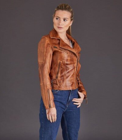 Women Tan Biker Leather Jacket