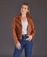 Women Tan Biker Leather Jacket