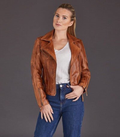 Women Tan Biker Leather Jacket