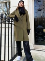 Women Wool Long Coat Green & Camel Color Style