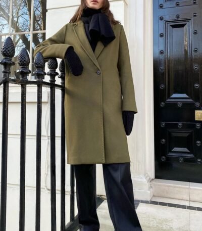 Women Wool Long Coat Green & Camel Color Style