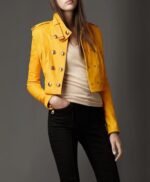 Women Yellow Genuine Leather Cropped Jacket