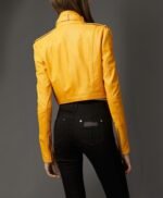 Women Yellow Genuine Leather Cropped Jacket
