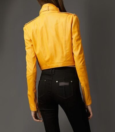 Women Yellow Genuine Leather Cropped Jacket